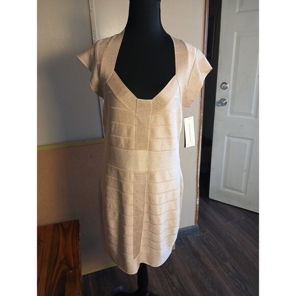 French Connection Champagne Womens Size 12 Bandage Sheath Dress Cap Sleeves NWT - Picture 2 of 11